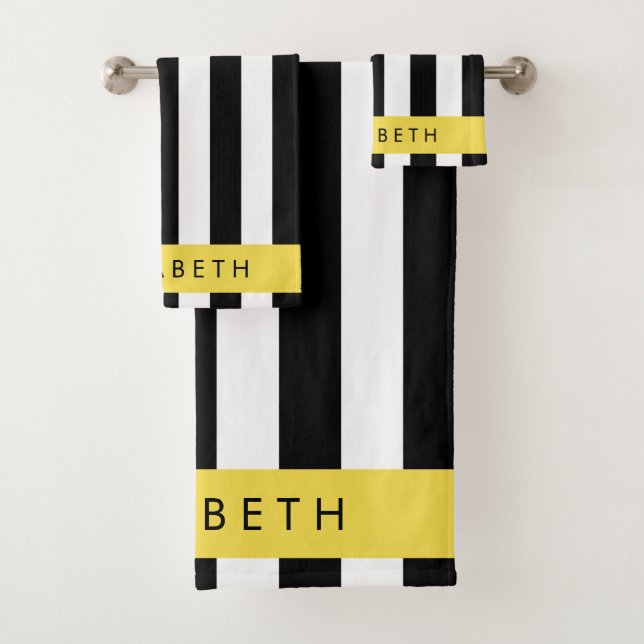 Black and White Stripes, Striped, Lines, Your Name Bath Towel Set (Insitu)