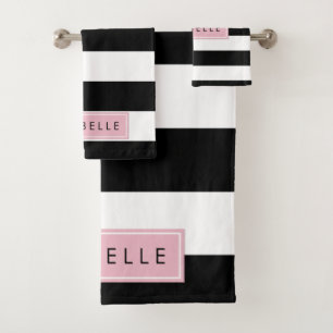 Black and White Stripes, Striped, Lines, Your Name Bath Towel Set