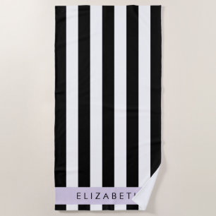 Black and White Stripes, Striped, Lines, Your Name Beach Towel