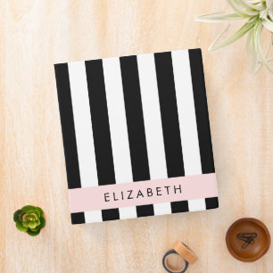 Black and White Stripes, Striped, Lines, Your Name Binder