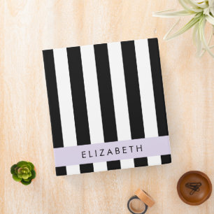 Black and White Stripes, Striped, Lines, Your Name Binder