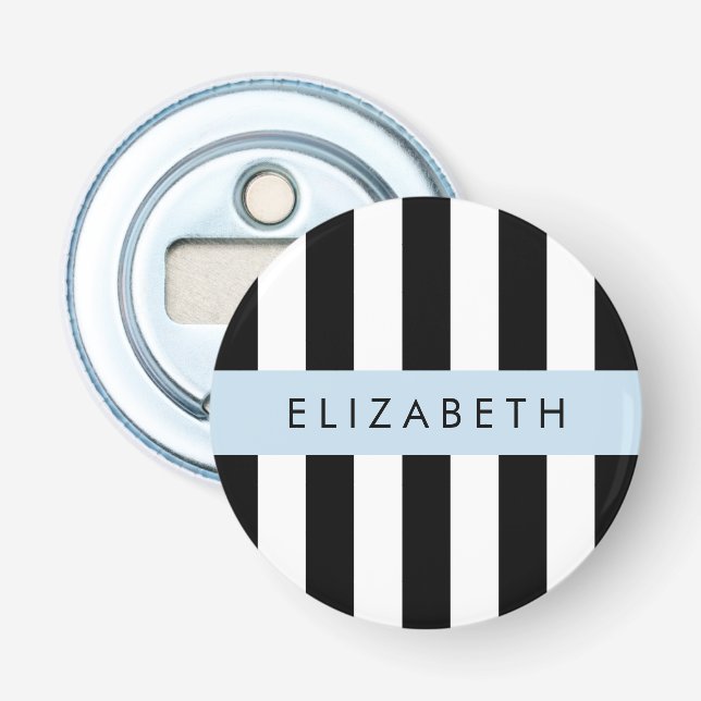 Black and White Stripes, Striped, Lines, Your Name Bottle Opener (Front)