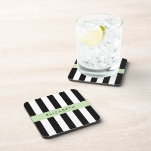 Black and White Stripes, Striped, Lines, Your Name Coaster
