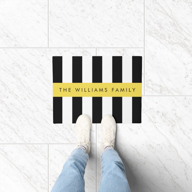Black and White Stripes, Striped, Lines, Your Name Doormat (Indoor)