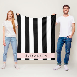 Black and White Stripes, Striped, Lines, Your Name Fleece Blanket