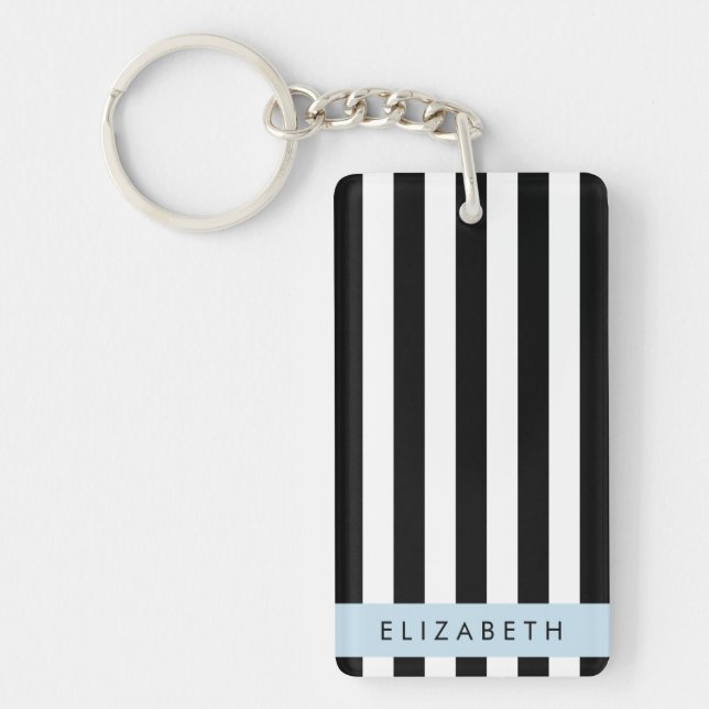 Black and White Stripes, Striped, Lines, Your Name Keychain (Front)