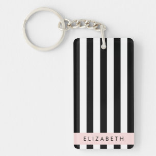 Black and White Stripes, Striped, Lines, Your Name Keychain