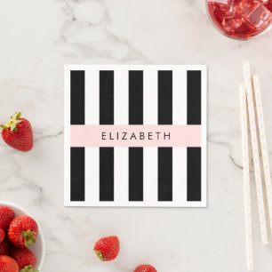 Black and White Stripes, Striped, Lines, Your Name Napkin