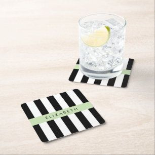 Black and White Stripes, Striped, Lines, Your Name Square Paper Coaster