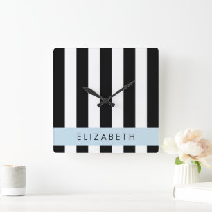 Black and White Stripes, Striped, Lines, Your Name Square Wall Clock