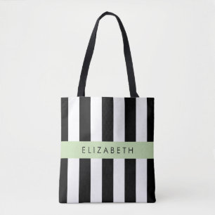 Black and White Stripes, Striped, Lines, Your Name Tote Bag