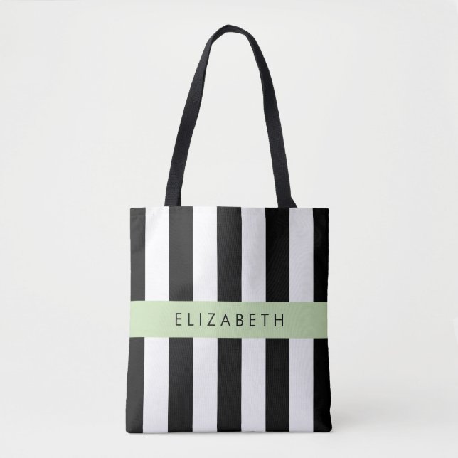 Black and White Stripes, Striped, Lines, Your Name Tote Bag (Front)
