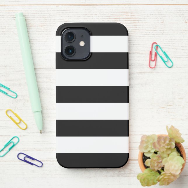 Black and White Stripes, Striped Pattern, Lines iPhone Case (On Desk)