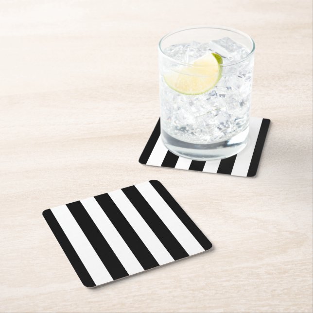 Black and White Stripes, Striped Pattern, Lines Square Paper Coaster (Insitu)