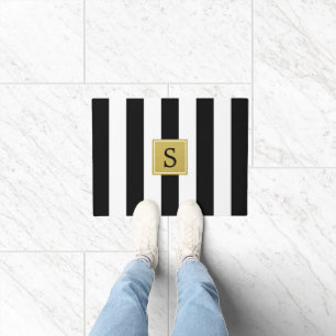 Black and White Stripes, Striped Pattern, Monogram Doormat