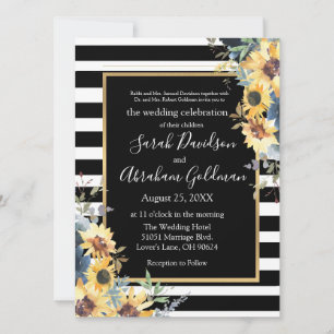 Black and White Stripes Sunflowers Jewish Wedding Invitation