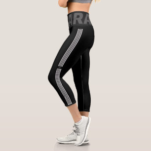 Black and White Stripes Trendy Stylish Monogram Capri Leggings
