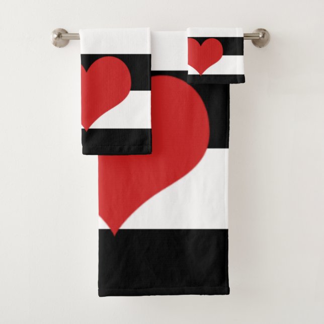 Black and White Stripes w/Red Heart Bath Towel Set (Insitu)