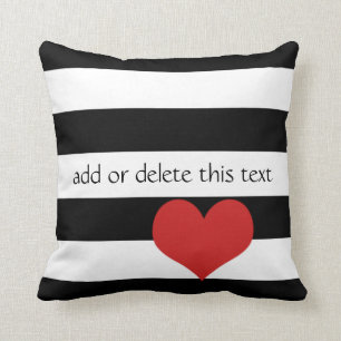 Black and White Stripes w/Red Heart Throw Pillow
