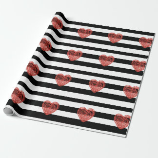 Black and White Stripes w/Red Heart Wrapping Paper
