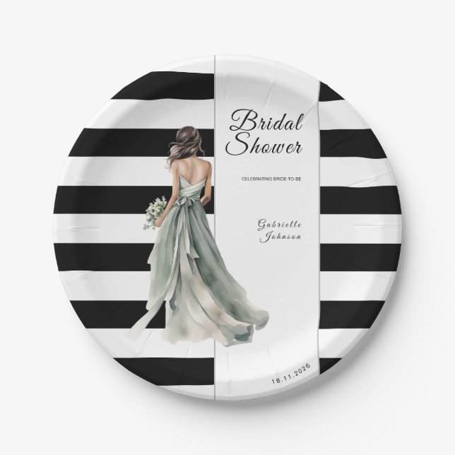 Black and White Stripes Watercolor Bridal Shower Paper Plate (Front)