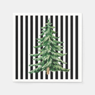 Black and White Stripes Watercolor Christmas Tree Napkin