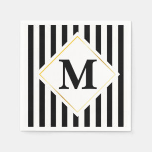 Black and White Stripes White Gold Monogram Napkin