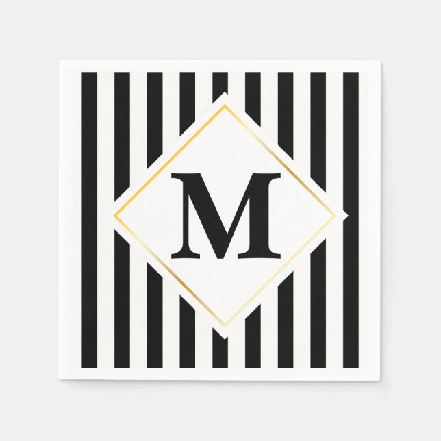 Black and White Stripes White Gold Monogram Napkin (Front)