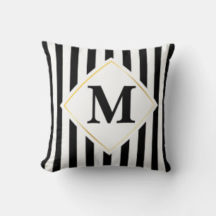 Black and White Stripes White Gold Monogram Throw Pillow