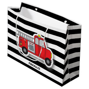 Black and White Stripes with a Red Fire Truck Large Gift Bag