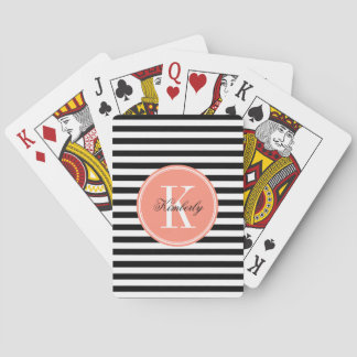 Black and White Stripes with Coral Monogram Playing Cards