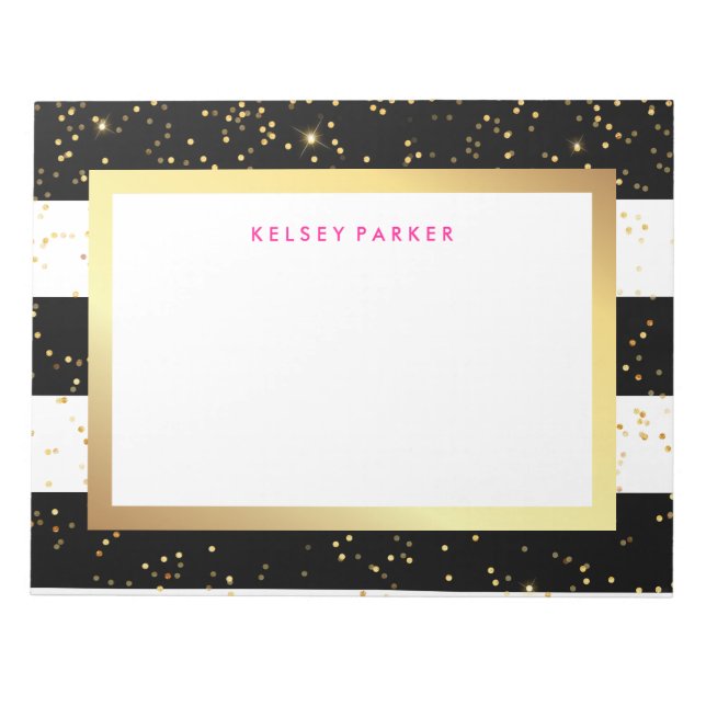 Black and White Stripes with Faux Gold Confetti Notepad (Front)