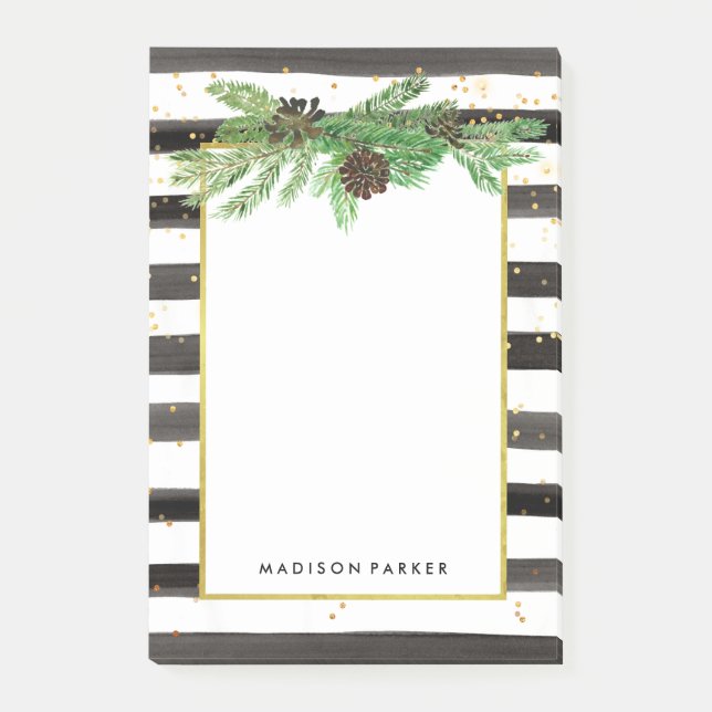 Black and White Stripes with Gold and Pine Cones Post-it Notes (Front)