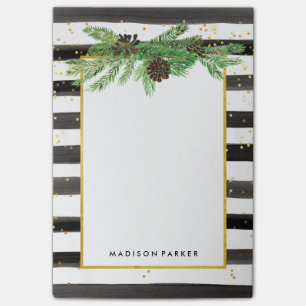 Black and White Stripes with Gold and Pine Cones Post-it Notes