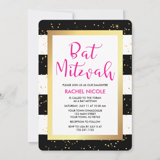 Black and White Stripes with Gold Bat Mitzvah Invitation (Front)