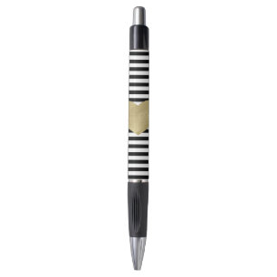 Black and White Stripes with Gold Heart Pen