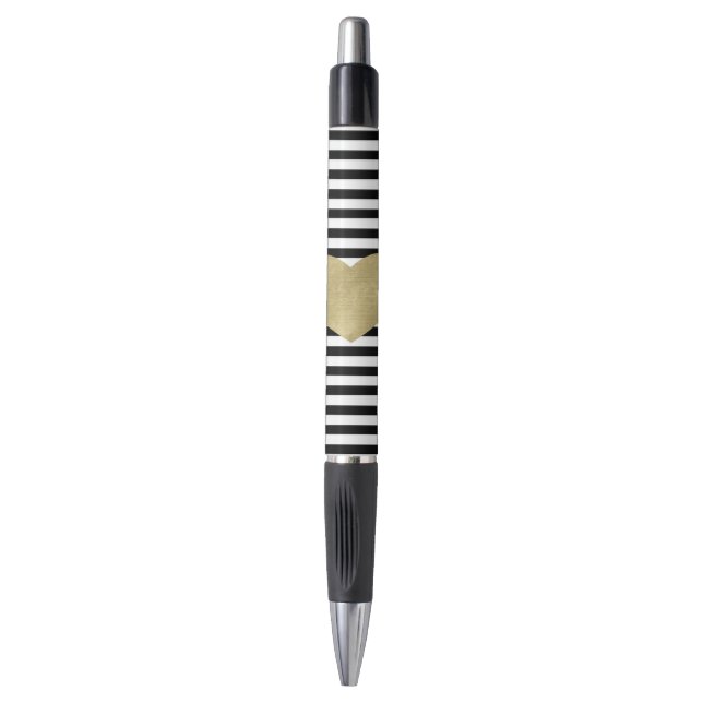 Black and White Stripes with Gold Heart Pen (Front Vertical)