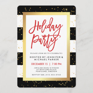 Black and White Stripes with Gold Holiday Party Invitation