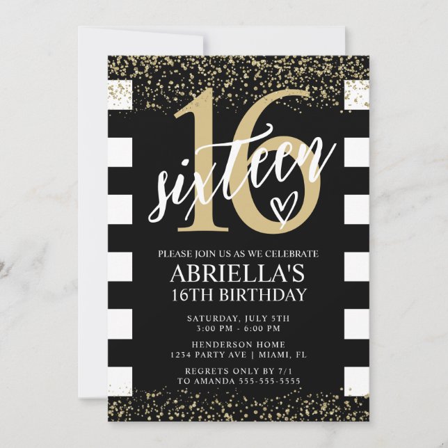 Black and White Stripes with Gold Invitation (Front)