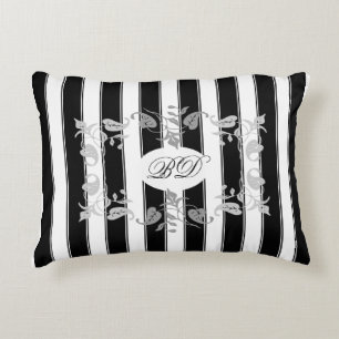 Black and White Stripes With Grey Leaves Accent Pillow