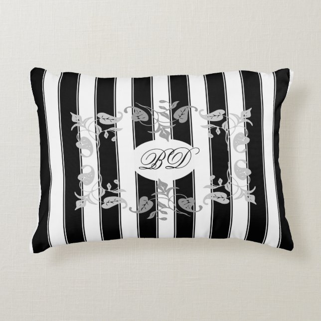 Black and White Stripes With Grey Leaves Accent Pillow (Front)
