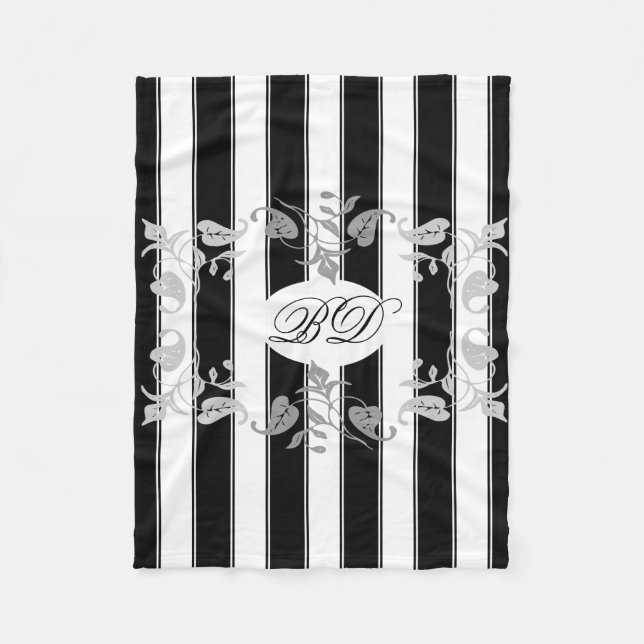 Black and White Stripes With Grey Leaves Fleece Blanket (Front)
