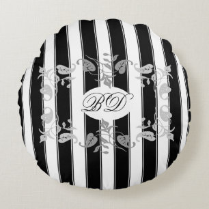 Black and White Stripes With Grey Leaves Round Pillow