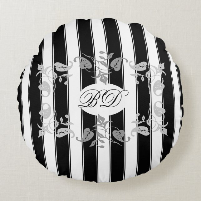 Black and White Stripes With Grey Leaves Round Pillow (Front)