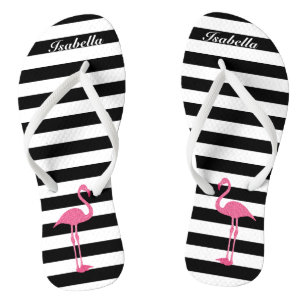 Black and White Stripes with 🦩 Pink Flamingo Flip Flops