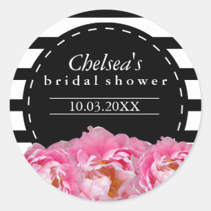 Black and White Stripes with Pink Flowers Classic Round Sticker