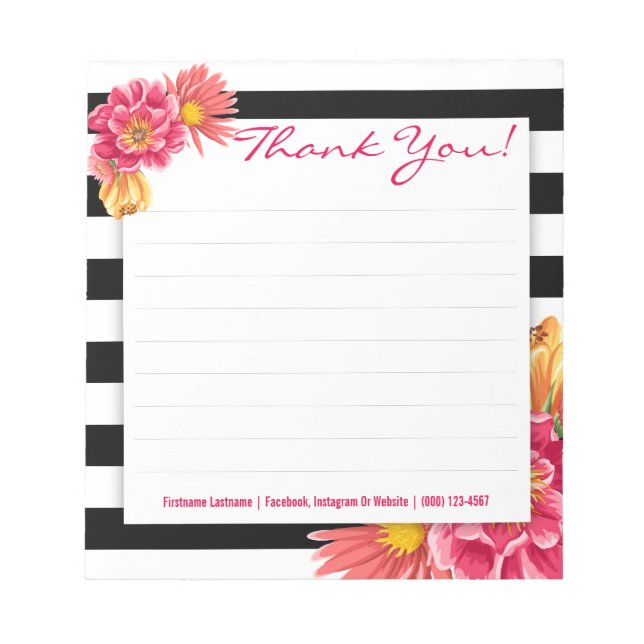 Black and White Stripes with Pink Flowers Notepad (Front)