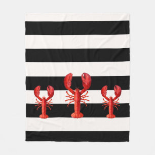 Black and white stripes with red lobsters fleece blanket