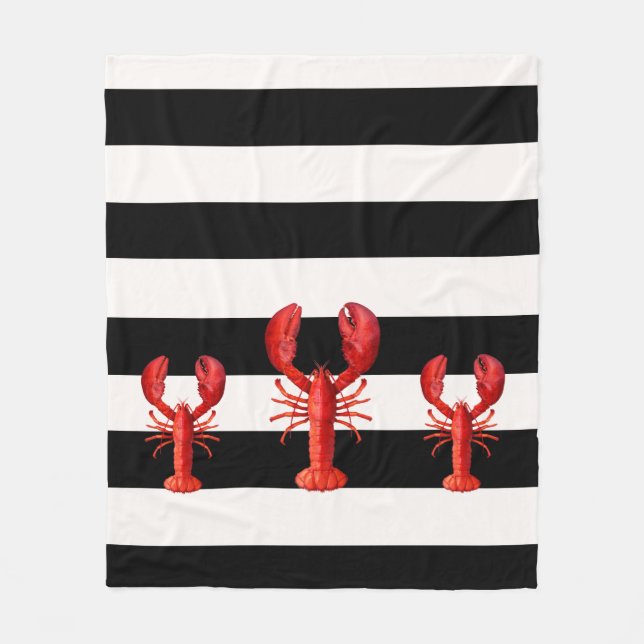 Black and white stripes with red lobsters fleece blanket (Front)
