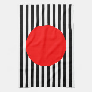 Black and white stripes with red monogram circle kitchen towel